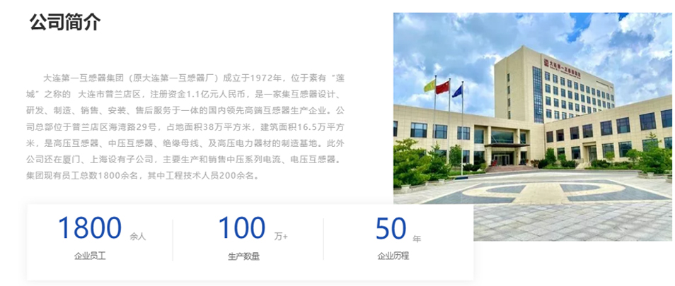 大連第一互感器集團（原大連第一互感器廠）成立于1972年，位于素有&ldquo;蓮城&rdquo;之稱的  大連市普蘭店區，注冊資金1.1億元人民幣，是一家集互感器設計、研發、制造、銷售、安裝、售后服務于一體的國內領先高端互感器生產企業。公司總部位于普蘭店區海灣路29號，占地面積38萬平方米，建筑面積16.5萬平方米，是高壓互感器、中壓互感器、絕緣母線、及高壓電力器材的制造基地。此外公司還在廈門、上海設有子公司，主要生產和銷售中壓系列電流、電壓互感器。集團現有員工總數1800余名，其中工程技術人員200余名。